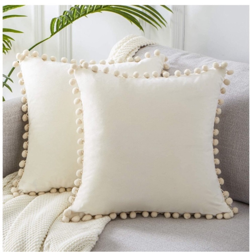 Trendy Light Grey Modern Cute Preppy Pompom Fringe Throw Pillow Cover Twin Set - Picture 7 of 16